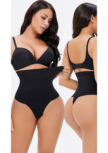 Lazer Kesim Yüksek Bel Ekstra Toparlayıcı Kadın String Tanga Külot Korse Siyah