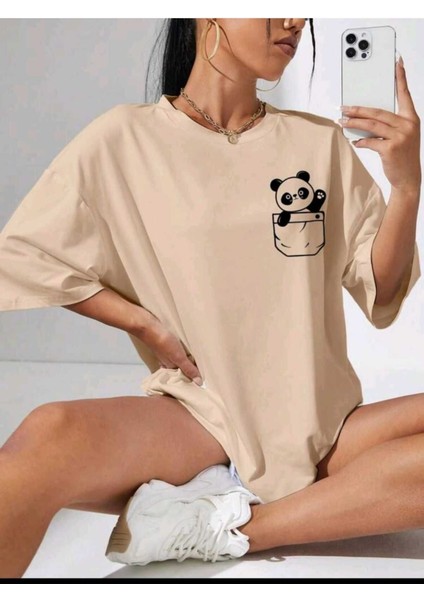 Kadın Panda Baskılı Oversize Salaş T-Shirt