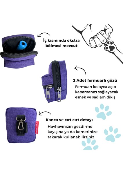 Köpek Gezdirme Seti Mor Renkli Köpek Çantası 4 Rulo Kaka Poşeti ve Köpek Tasma Ucu LED Işık