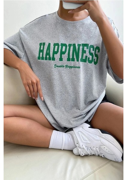 Kadın Happiness Baskılı Oversize Salaş T-Shirt