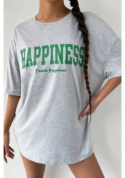 Kadın Happiness Baskılı Oversize Salaş T-Shirt modelleri