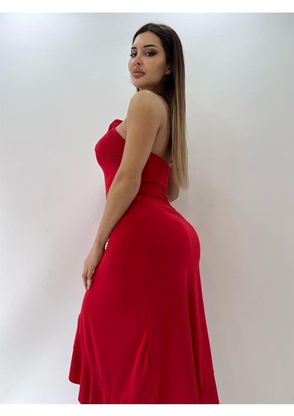 Kırmızı Backless Halter Ruffles Gül Detaylı Midi Elbise fiyatları