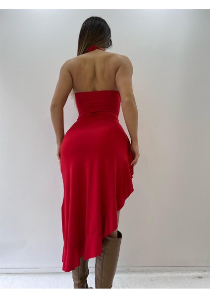 Kırmızı Backless Halter Ruffles Gül Detaylı Midi Elbise modelleri