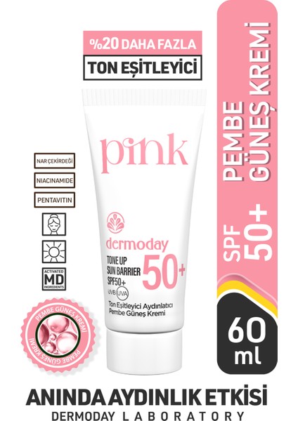 Ton Eşitleyici Aydınlatıcı Pembe Güneş Kremi SPF50+ Hyalüronik Asit & Nar Çekirdeği 60 ml