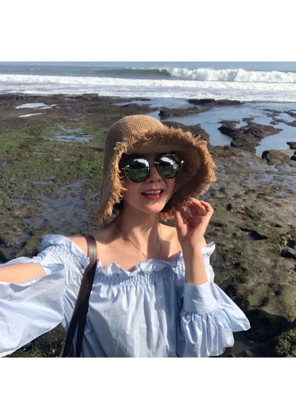 Net Kırmızı Aynı Stil Şapka Bayanlar Kore Versiyonu Büyük Saçak Ham Kenar Nefes Alabilen Hasır Şapka Yaz Güneşlik Güneş Koruyucu Balıkçı Şapkası Plaj Şapkası (Yurt Dışından)