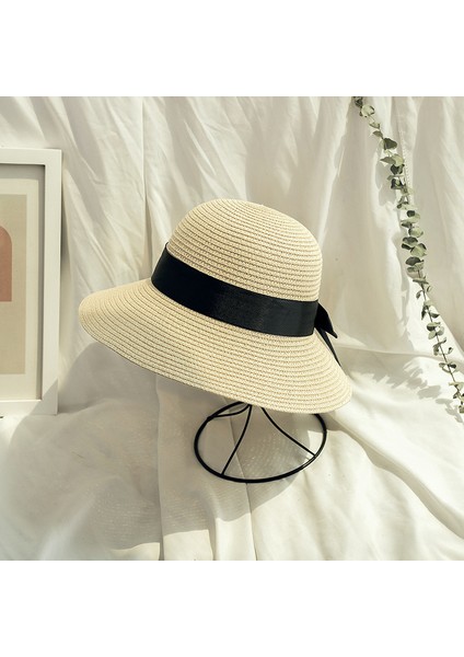 Moda Şerit Yay Düğüm Bayanlar Hasır Şapka Sahil Tatil Plaj Şapkası (Yurt Dışından)