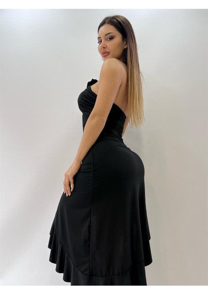 Siyah Backless Halter Ruffles Gül Detaylı Midi Elbise