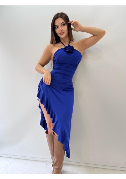 Saks Mavi Backless Halter Ruffles Gül Detaylı Midi Elbise