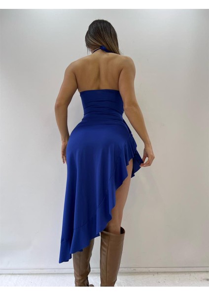 Saks Mavi Backless Halter Ruffles Gül Detaylı Midi Elbise