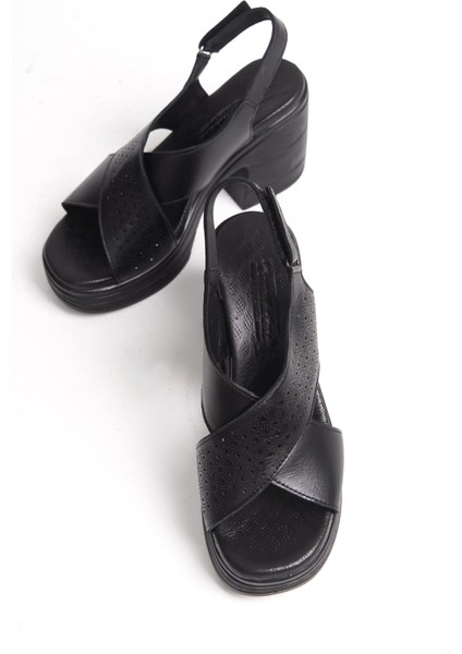 Hakiki Deri Siyah 10 cm Platform Çapraz Kadın Sandalet TMD20241002