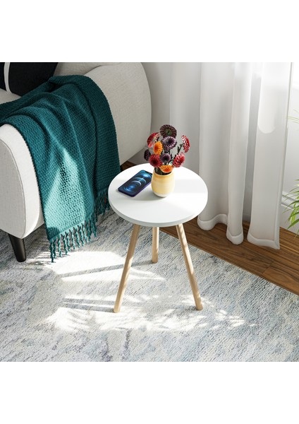 Yuvarlak Yan Sehpa Ahşap Ayaklı Tekli Zigon Sehpa