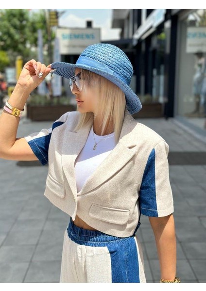51408 Jean Detaylı Crop Ceket Taş