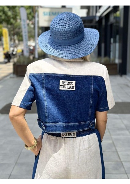 51408 Jean Detaylı Crop Ceket Taş