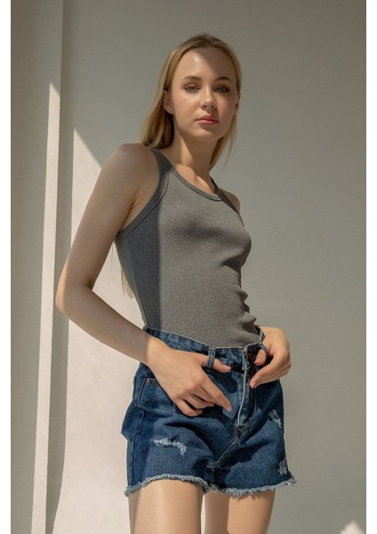 Fitilli T-Shirt Halter Yaka Örme Atlet