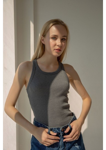 Fitilli T-Shirt Halter Yaka Örme Atlet