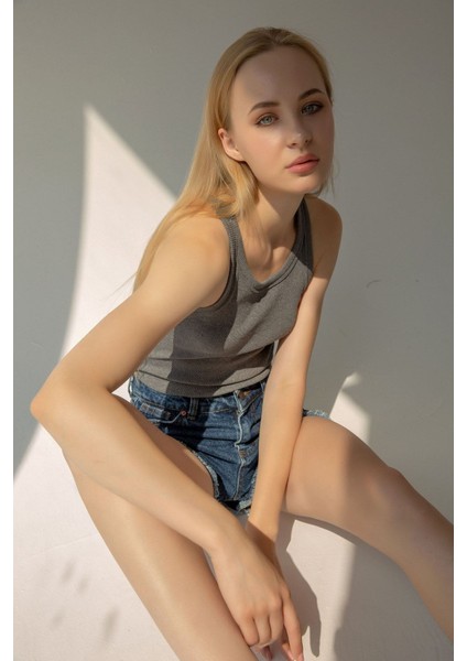 Fitilli T-Shirt Halter Yaka Örme Atlet