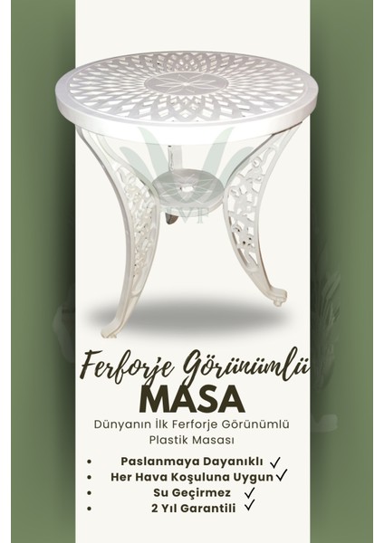 Ferforje Görünümlü Plastik Masa ve Sandalye, 150 kg Taşıma Kapasiteli, 2 Yıl Garantili, Bahçe, Balkon ve Dış Mekan Kullanımına Uygun, 60cm Çaplı Masa ve Sandalye Takımı modelleri