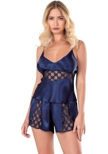 Lacivert Saten Babydoll Şort Takımı