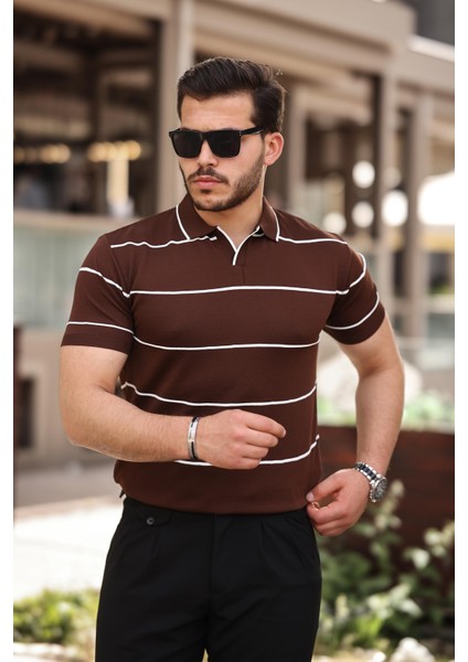 Kahverengi Çizgili Triko Polo Yaka Tişört- 2427
