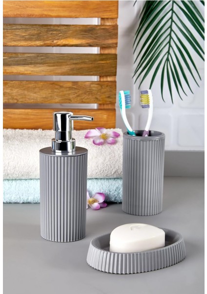 3 Parça Çizgili Banyo Seti Açık Gri