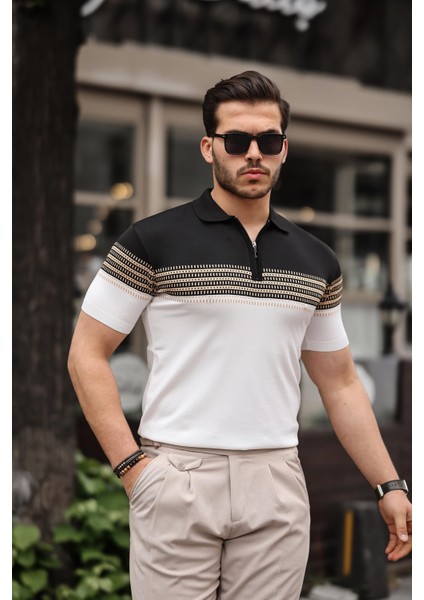 Siyah Beyaz Fermuarlı Triko Polo Yaka T-Shirt- 2419