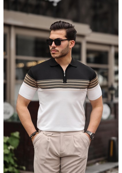 Siyah Beyaz Fermuarlı Triko Polo Yaka T-Shirt- 2419 fiyatları