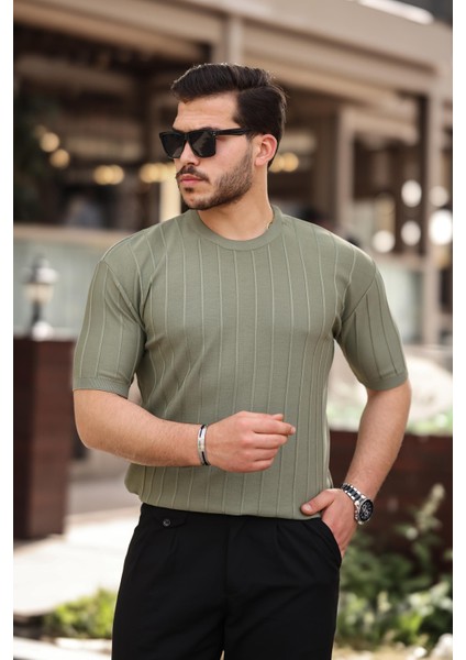 Haki Sıfır Yaka Kabartma Triko Kısa Kollu Tişört- 2430