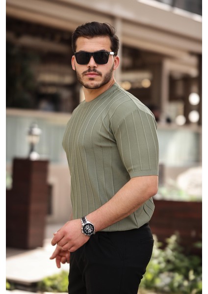 Haki Sıfır Yaka Kabartma Triko Kısa Kollu Tişört- 2430 fiyatları