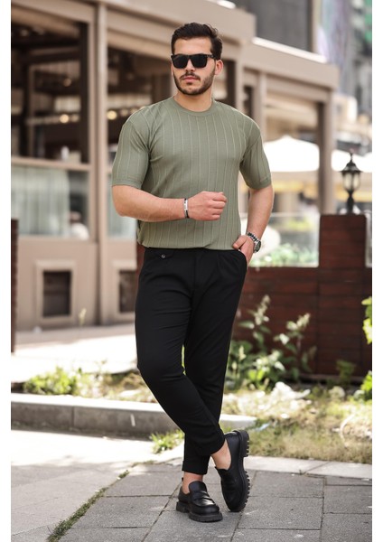 Haki Sıfır Yaka Kabartma Triko Kısa Kollu Tişört- 2430 modelleri