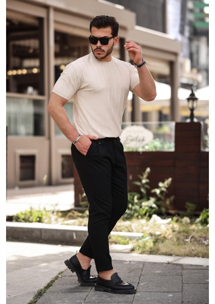 Bej Sıfır Yaka Kabartma Triko Kısa Kollu Tişört- 2430 fiyatları