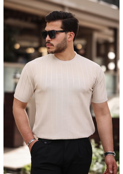 Bej Sıfır Yaka Kabartma Triko Kısa Kollu Tişört- 2430 modelleri