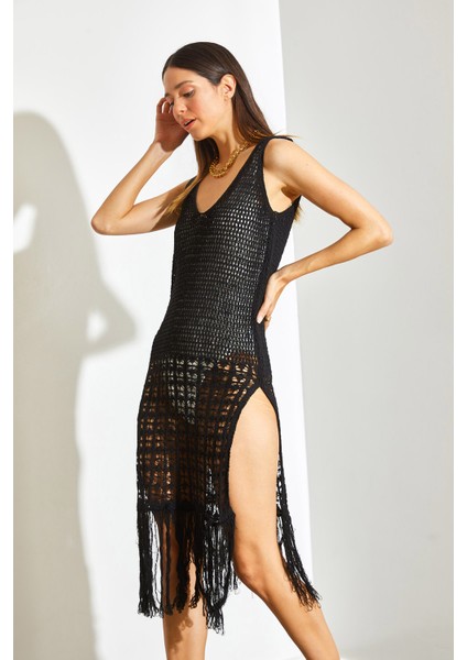 Kadın Püsküllü Yırtmaç Detaylı Astarsız Ajurlu Elbise fiyatları