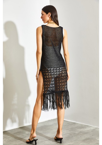 Kadın Püsküllü Yırtmaç Detaylı Astarsız Ajurlu Elbise fırsatları