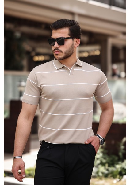 Bej Çizgili Triko Polo Yaka Tişört- 2427
