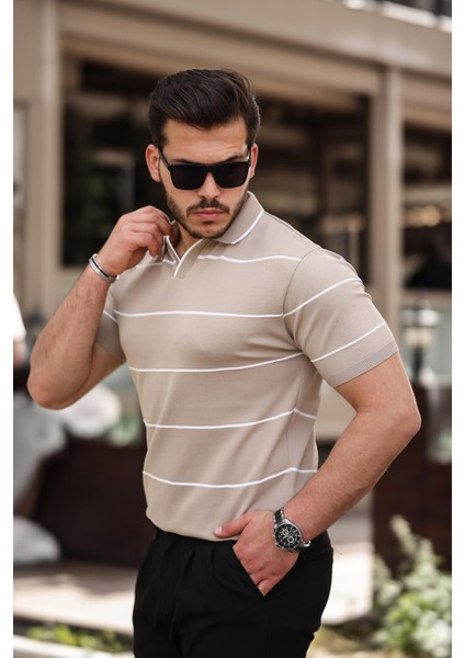 Bej Çizgili Triko Polo Yaka Tişört- 2427 fiyatları