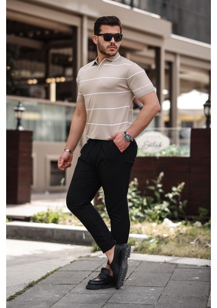Bej Çizgili Triko Polo Yaka Tişört- 2427 modelleri