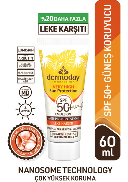Leke Karşıtı Nanozom Filtreli Spf 50+ Güneş Kremi. Lumiskin ve Arbutin Etkili 60 ml