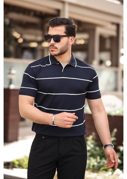 Lacivert Çizgili Triko Polo Yaka Tişört- 2427