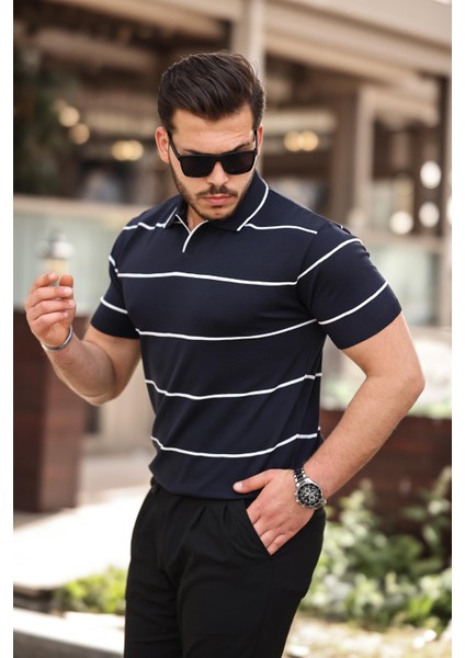 Lacivert Çizgili Triko Polo Yaka Tişört- 2427 fiyatları