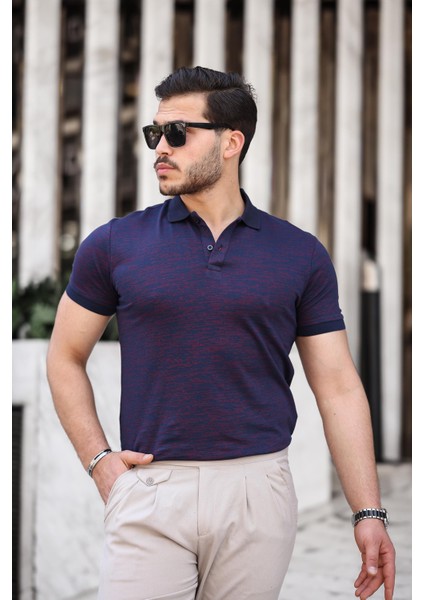 Lacivert Bordo Çizgili Jakar Polo Yaka Kısa Kollu T-Shirt- 2429