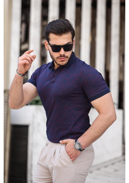 Lacivert Bordo Çizgili Jakar Polo Yaka Kısa Kollu T-Shirt- 2429 fiyatları