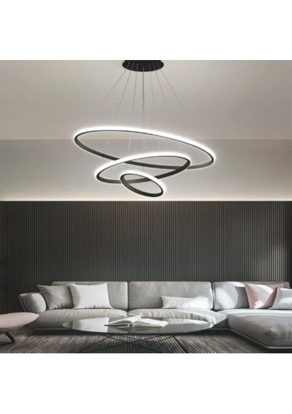 Siyah Üçlü Halka LED Avize Siyah Beyaz Işık Salon,oturma Odası 51-60 cm 50 x 40 E27 3 Ledli Alüminy fiyatları