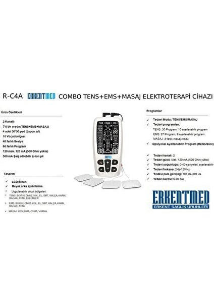 R-C4A Combo Elektroterapi Tens + Ems + Masaj Aleti / Cihazı - Şarjl