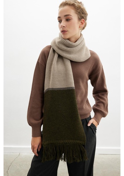 Sorrel Scarf Çizgi Detaylı Püsküllü Kadın Triko Atkı - Sütlü Kahve fiyatları
