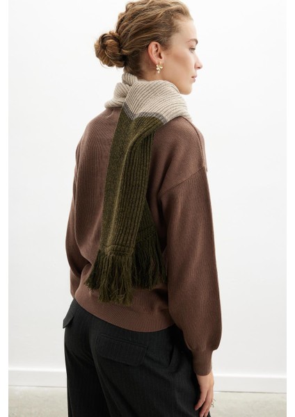 Sorrel Scarf Çizgi Detaylı Püsküllü Kadın Triko Atkı - Sütlü Kahve modelleri