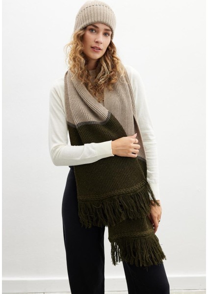 Sorrel Scarf Çizgi Detaylı Püsküllü Kadın Triko Atkı - Sütlü Kahve fırsatları