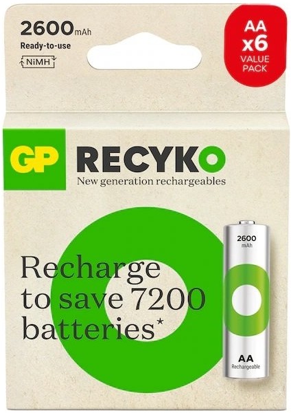 Gp Batteries Recyko 2600 mah Aa Kalem Ni-Mh Şarjlı Pil 1.2 Volt 6’lı Kart