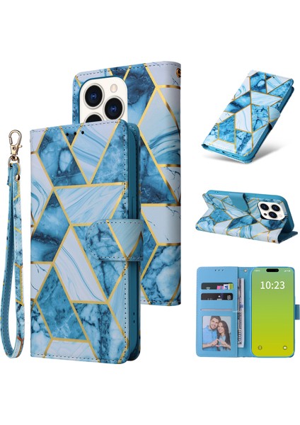 Ile Uyumlu iPhone 15 Pro Max Premium Mermer Vintage Pu Deri Manyetik Kapatma Kılıfı Kayışlı Kapaklı (Yurt Dışından)