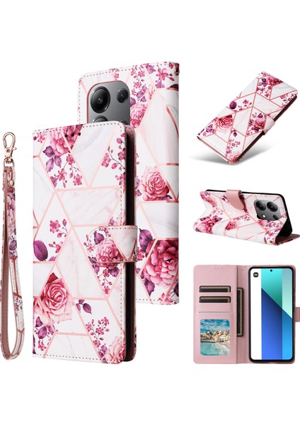 Ile Uyumlu Xiaomi Redmi Note 13 4g Premium Mermer Vintage Pu Deri Manyetik Kapatma Kılıfı Kayışlı Kapaklı (Yurt Dışından)