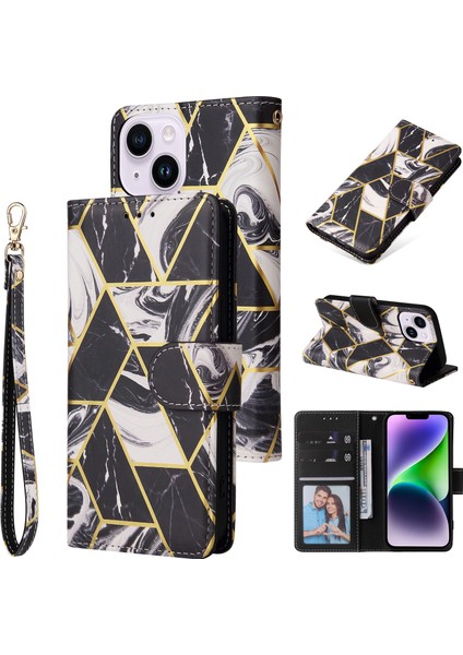 Ile Uyumlu iPhone 14 Plus Premium Mermer Vintage Pu Deri Manyetik Kapatma Kılıfı Kayışlı Kapaklı (Yurt Dışından)